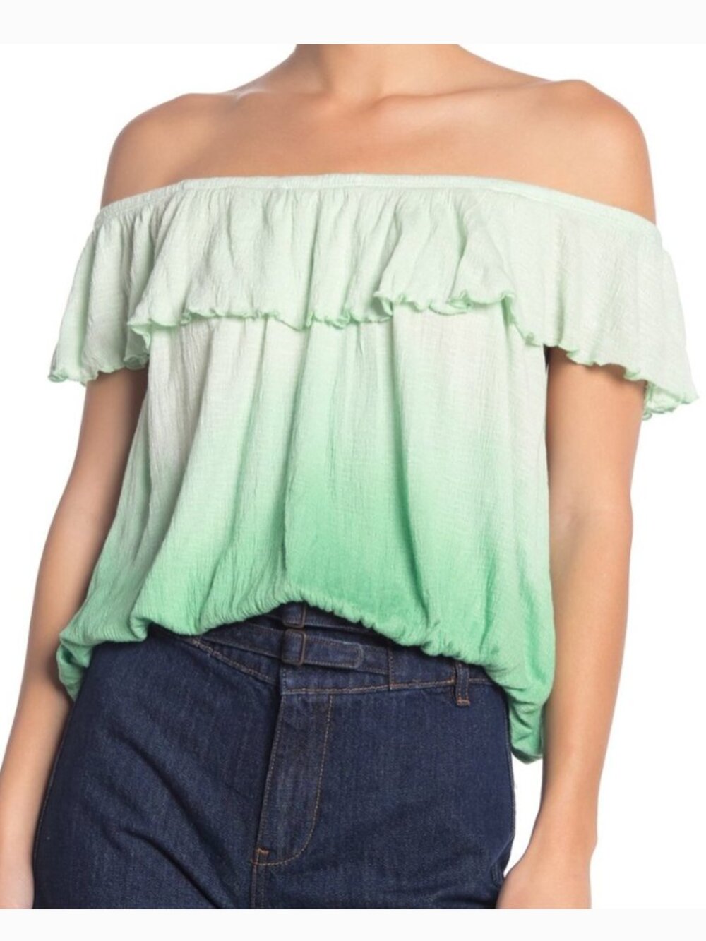 FREE PEOPLE Cora Lee Ombre Top Green Off the Shoulder Viscose Boho Blouse Top XS